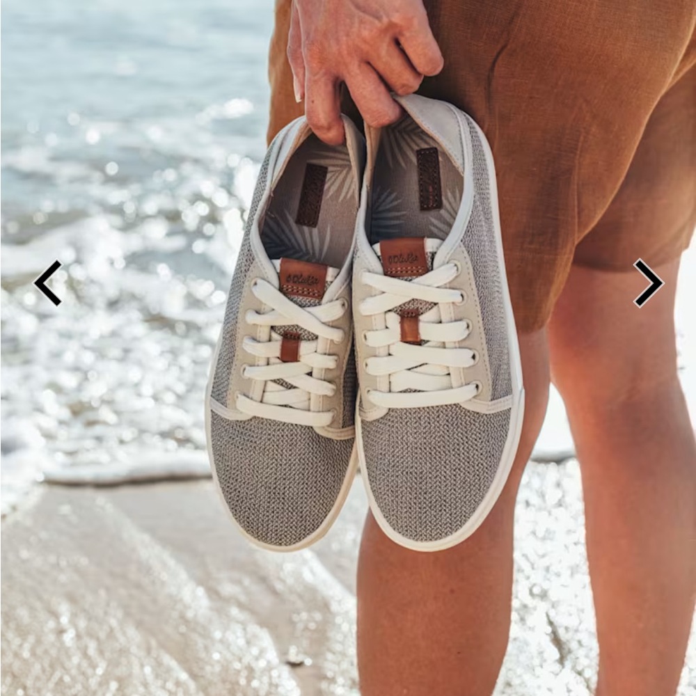 OluKai Pehuea Li Light Gray and White Knit Lace-Up Sneakers